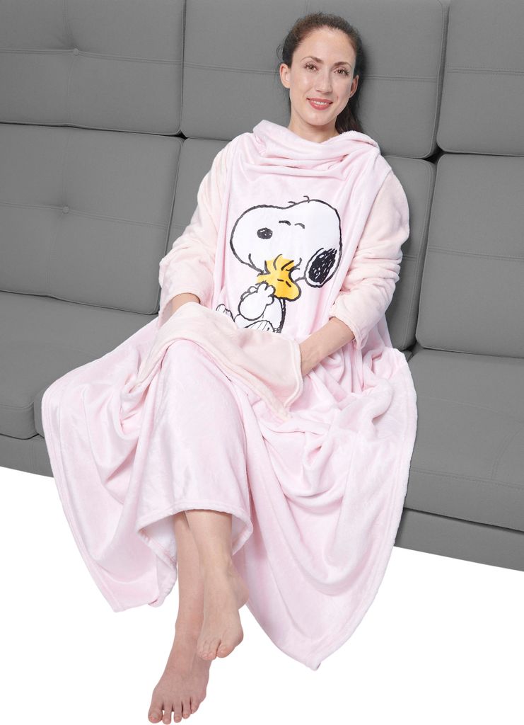 The Peanuts Snoopy TV Decke mit Ärmeln und Taschen Flauschige Kuscheldecke mit großer Bauchtasche Ärmeldecke 130 x 170 cm Rosa