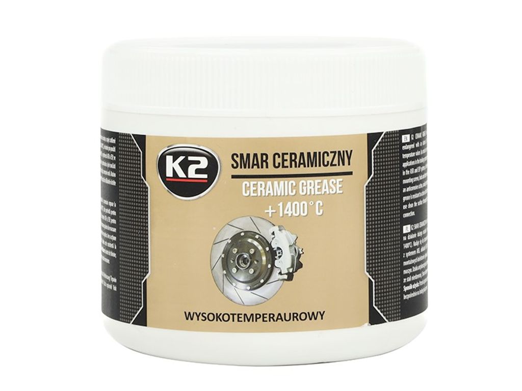 A white tub of K2 Ceramic Grease with a label showing a brake disc and caliper.