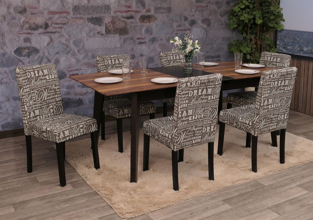 6er-Set Esszimmerstuhl Stuhl Küchenstuhl Littau Textil mit Schriftzug, grau, dunkle Beine