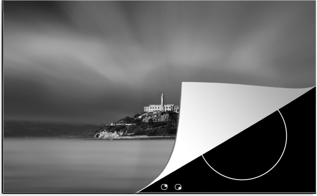 KitchenYeah Herdabdeckplatte Schwarz-Weiß-Bild des alten Gefängnisses Alcatraz in den USA , 77x51cm, Küche Deko, Glaskeramikkochfeld Herdabdec...