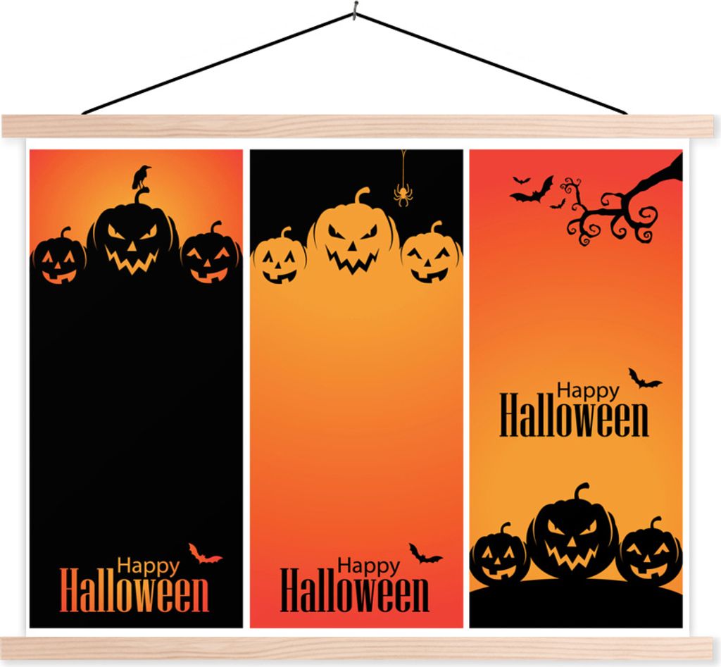 MuchoWow Textilposter Eine Illustration von Halloween in drei Teilen 120x90 cm mit holzfarbenen Rahmen - Magnetisch