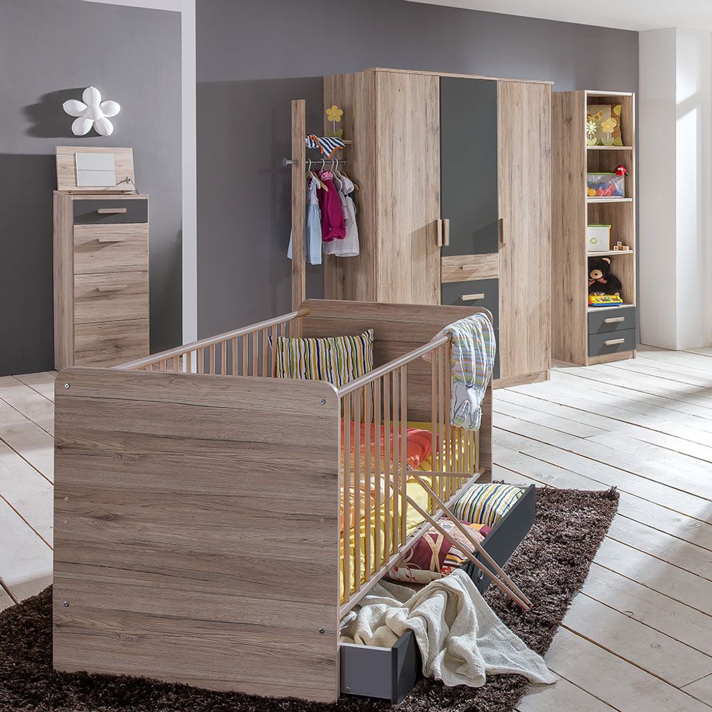 Babyzimmer Set 7-teilig in Eiche mit graphit CANTON-43 mit Gitterbett