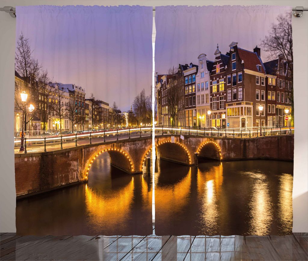 ABAKUHAUS Landschaft Rustikaler Gardine, Alte Brücke Europäische, Schlafzimmer Kräuselband Vorhang mit Schlaufen und Haken, 280 x 245 cm, Bernst...