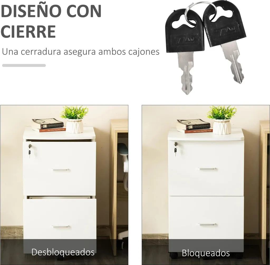 Caisson de bureau blanc 2 tiroirs avec serrure et cadre en bois chic