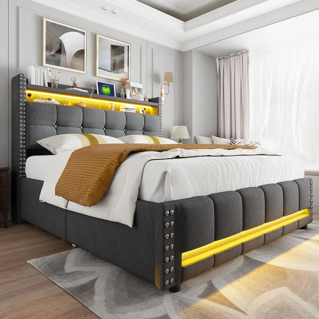 Lit Capitonné 160x200 avec Éclairage LED et Rangement Intégré - Gris