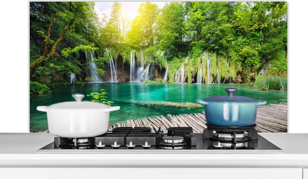 KitchenYeah Spritzschutz Küche - Küchenrückwand - Wandschutz für Herd und Spüle - Brücke - Wasserfall - Natur 120x60 - Alu-Dibond (Alternat...
