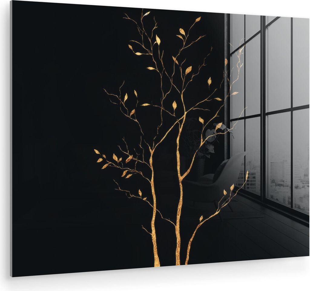 MuchoWow Glasbilder - Bilder auf Wandbild - Foto auf Glas Äste - Blätter - Schwarz 80x60 cm Wanddekoration aus Glas - Acrylglasbild - Acrylbilder...
