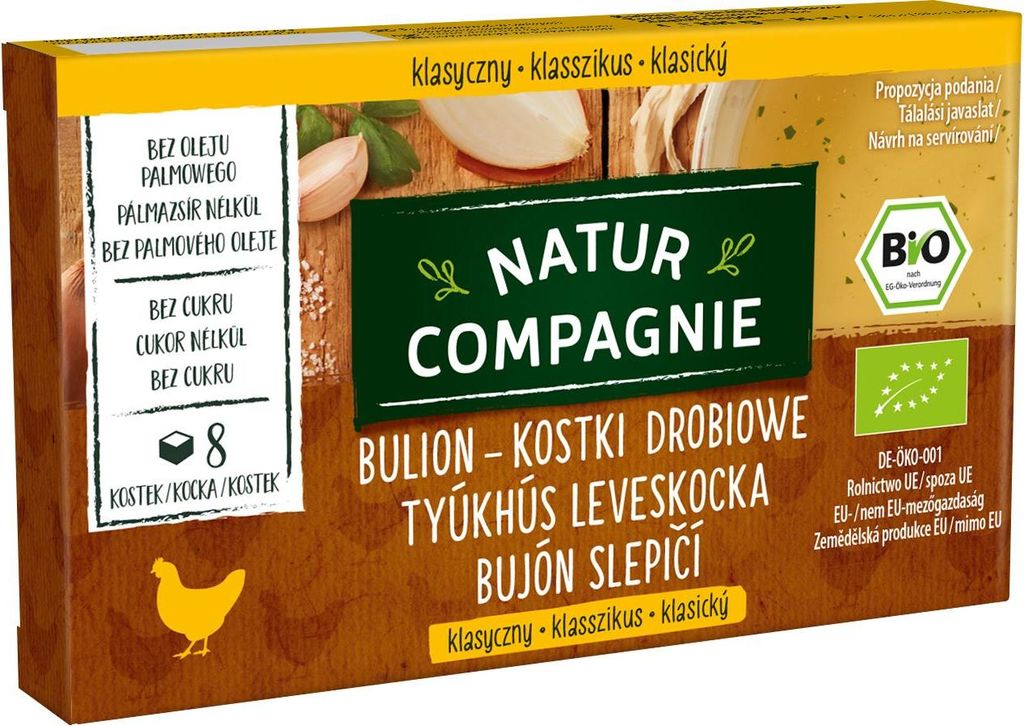 Natur Compagnie Hühnerbouillon, zuckerfrei, 8 Würfel, Granulat, Hühnerbrühe / Brühe, 88 g, Meersalz, Maisstärke*, Sheabutter*, Hühnerfleisch...
