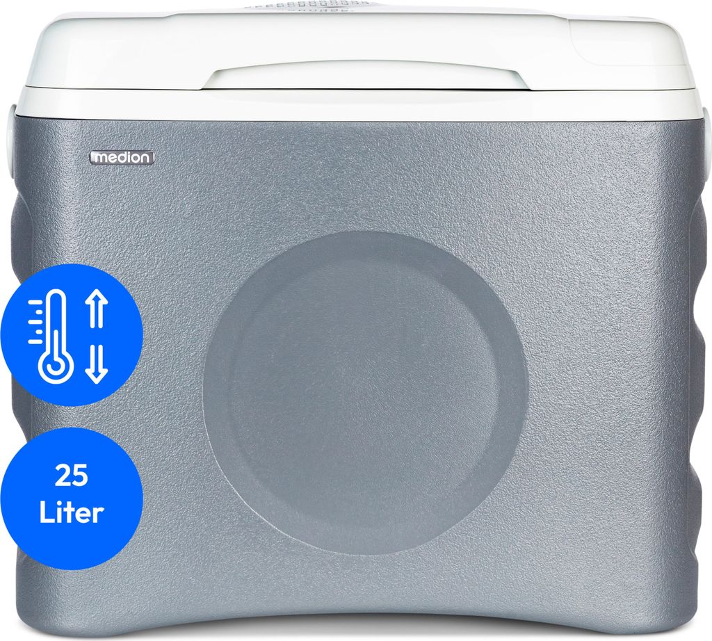 A gray thermoelectric portable cooler box with white lid and blue circular icons indicating temperature and capacity.