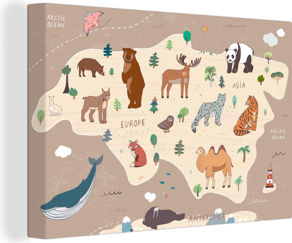 OneMillionCanvasses - Leinwandbilder - 140x90 cm, Weltkarte - Braun - Tiere - Jungen - Mädchen, Wandbilder Kunstdruck Wanddekoration