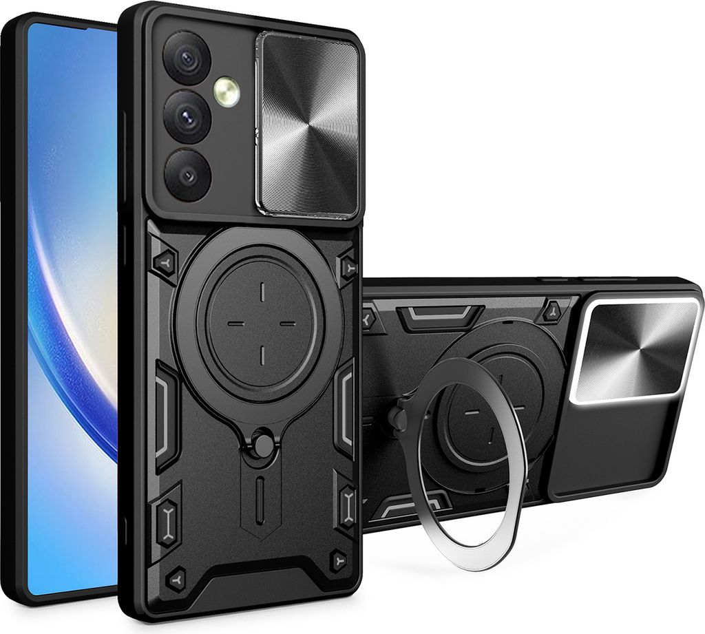 Handyhülle für Samsung Galaxy A34 5G Dual-Layer Stoßfest Rüstung Hülle mit Dia Kameraschutz und Kreisförmig Ring Ständer Schwarz
