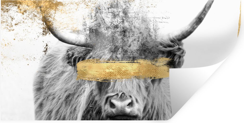 MuchoWow Wandtattoo Wandsticker Wandaufkleber Gold - Schottischer Highlander - Schwarz - Weiß 40x20 cm Selbstklebend und Repositionierbar - Aufk...