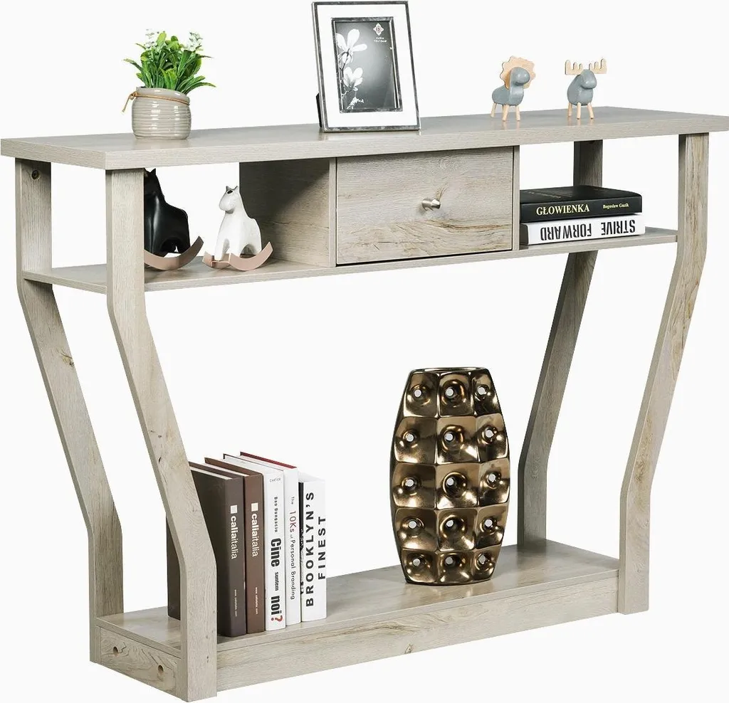 Table console grise de salon avec rangement et tablette inférieure