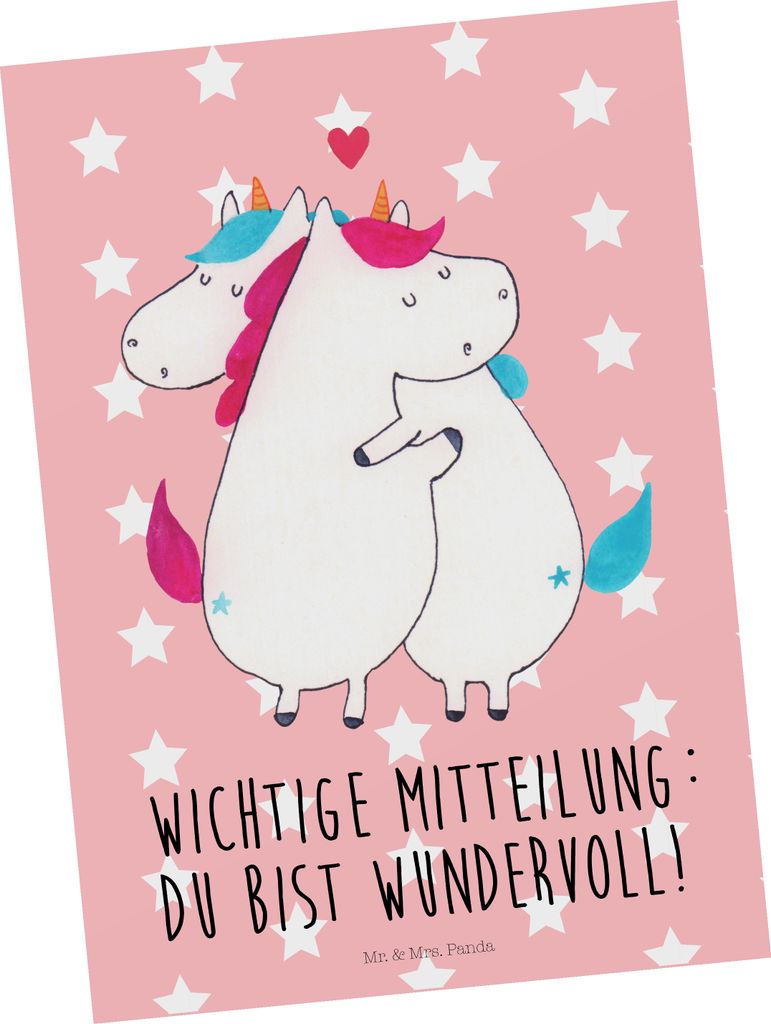 Mr. & Mrs. Panda Postkarte Einhorn Mitteilung - Rot Pastell - Geschenk, Einhörner, Fotokarte, Postkarten, Unicorn, Ansichtskarte, Grußkarte, Spru...