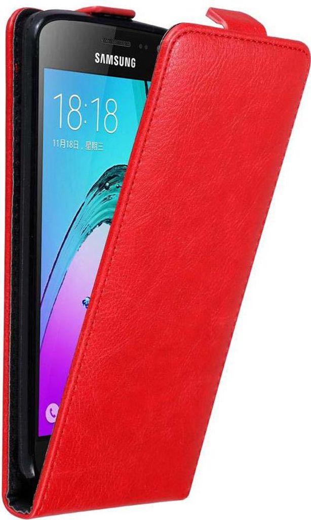 Cadorabo Hülle für Samsung Galaxy J3 2016 Schutz Hülle in Rot Flip Etui Handyhülle Case Cover
