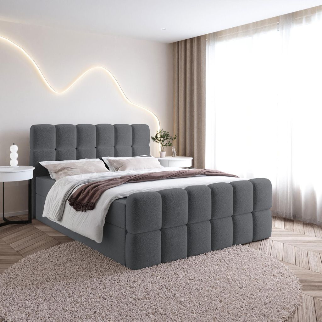 Bett Boxspringbett SELA ohne Topper mit Bettkästen - Doppelbett, Stauraum, Schlafzimmer, Polsterbett, Bettgestell (160x200, Dunkelgrau - Fredo 40)