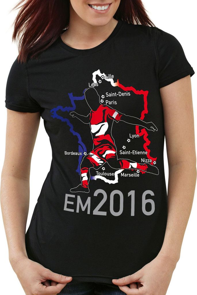 style3 EM 2016 Österreich Fan Damen T-Shirt Frankreich alle Spielorte Austria, Farbe:Schwarz, Größe:2XL