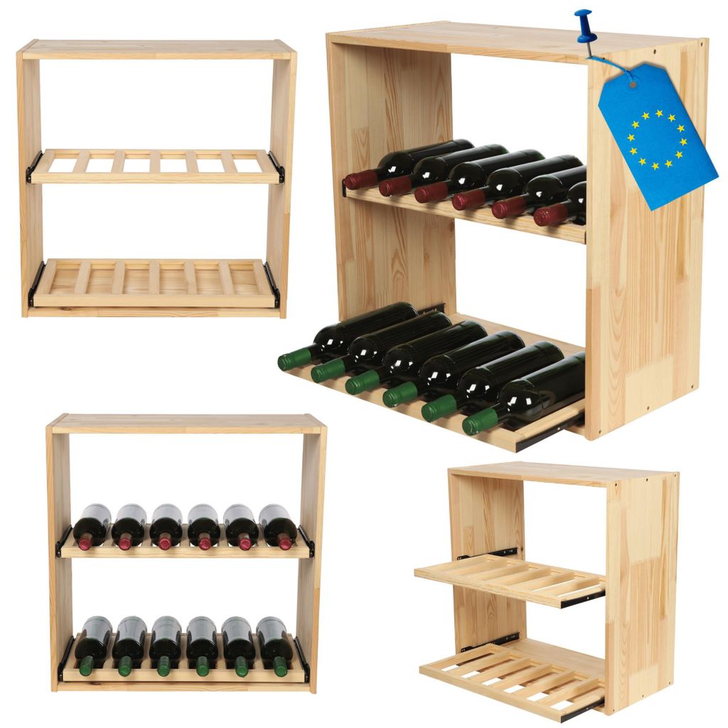 MODO24 Weinregal 12 Flaschen, Auszugsböden, Flaschenregal, Weinschrank, Getränkeregal, Kellerregal, Massivholz, 60x60x30 cm, Natur, RW61