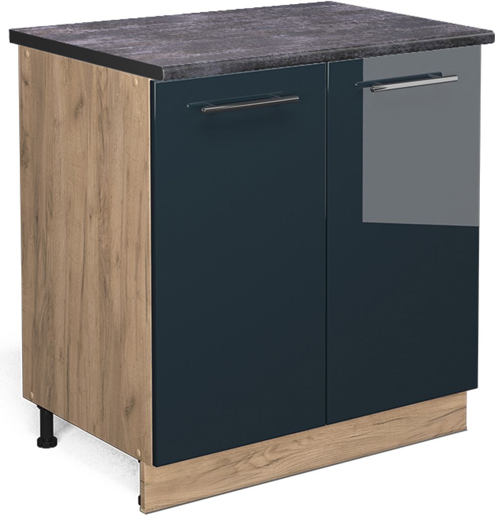 Küchenunterschrank Vicco Fame-Line Dunkelblau Hochglanz 80 cm mit Regal, AP Anthrazit, Model 48849