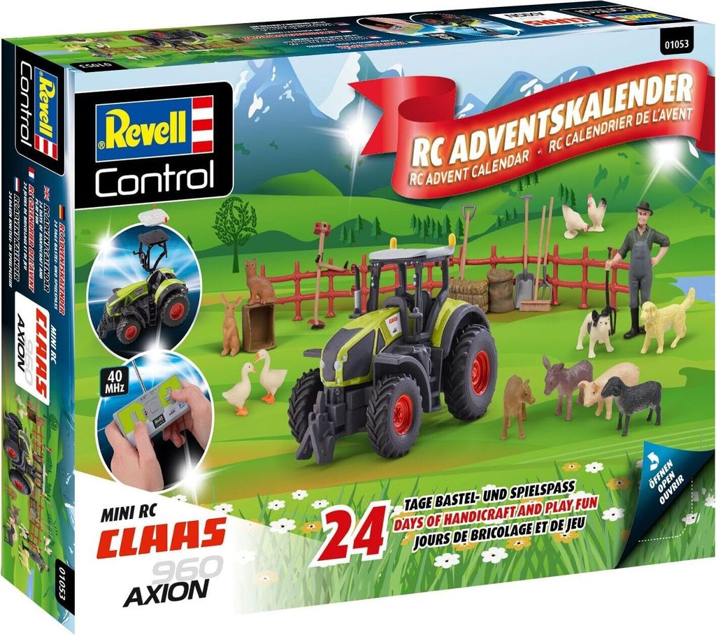 A product box for a Revell Control RC tractor advent calendar, featuring a farm scene with a tractor and various farm animals.