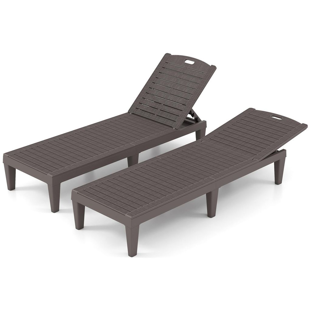 Two brown plastic sun loungers are shown against a white background.