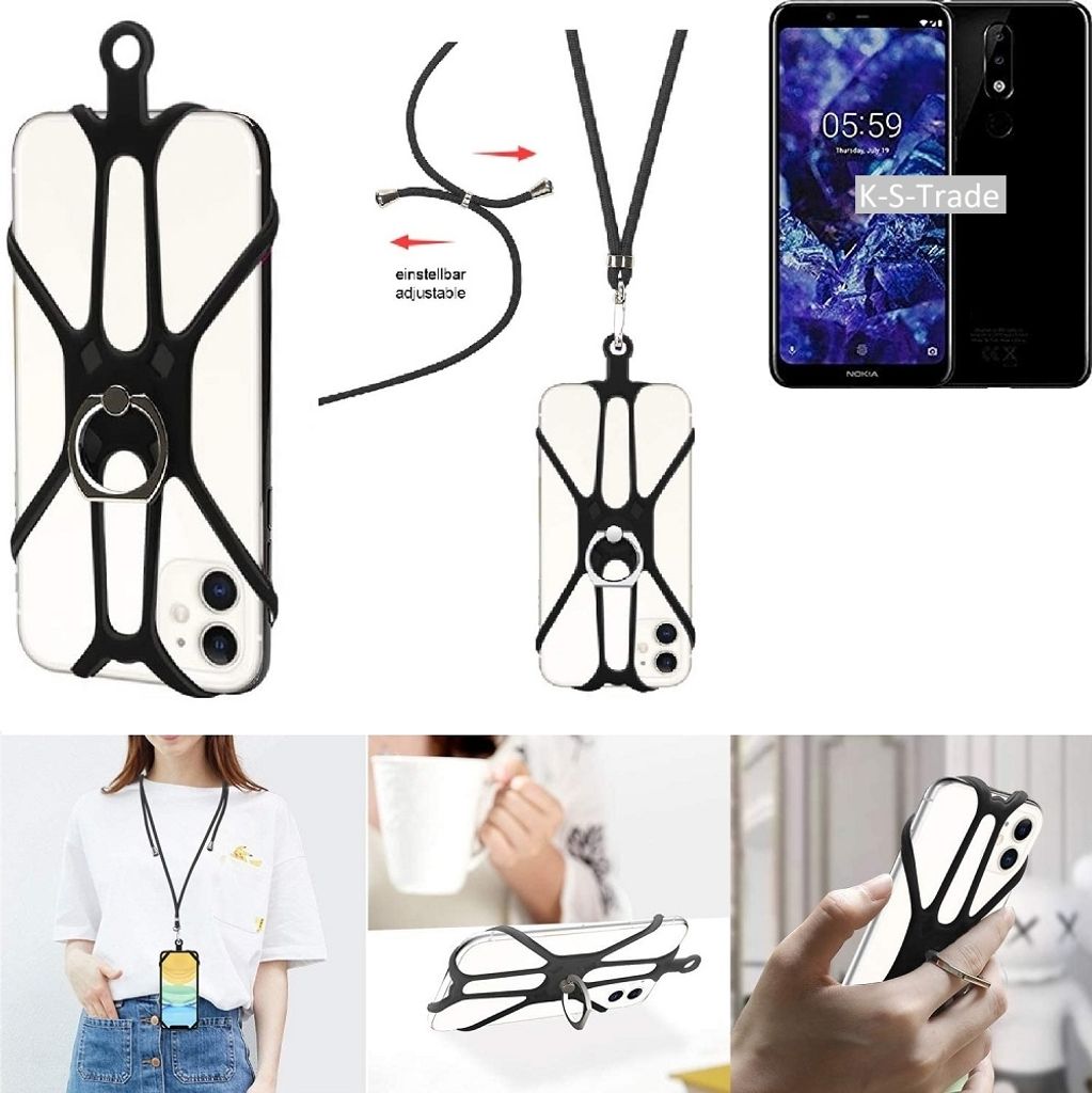 K-S-Trade 3in1 Handykette Handyband Handykordel Halsband Smartphone-Ring Handy-Ring kompatibel mit Nokia 5.1 Fingerhalterung Handyring Tischständer