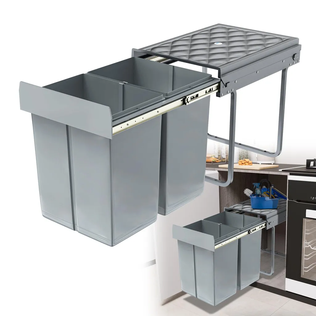 Poubelle de cuisine extensible 2x20L avec Rails Télescopiques Gris