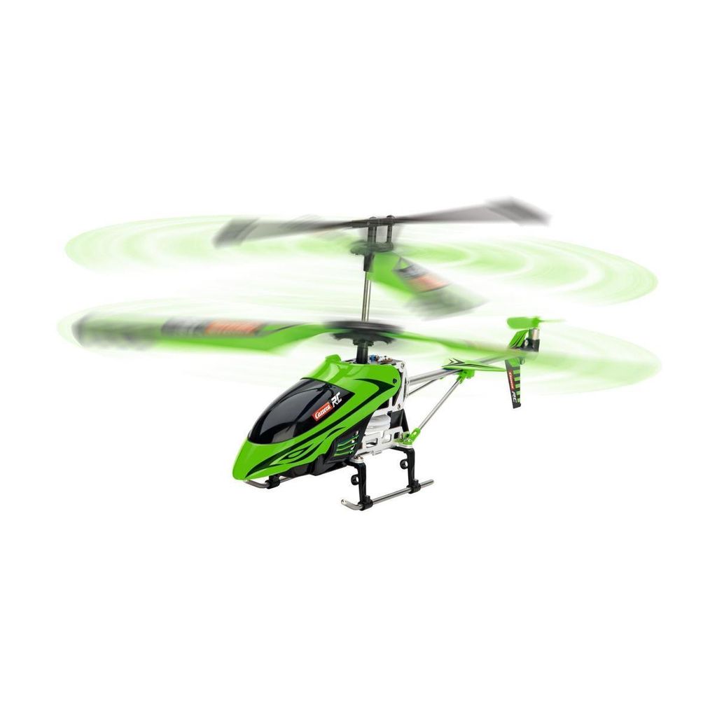 A green remote-controlled helicopter with its blades spinning, shown against a white background.