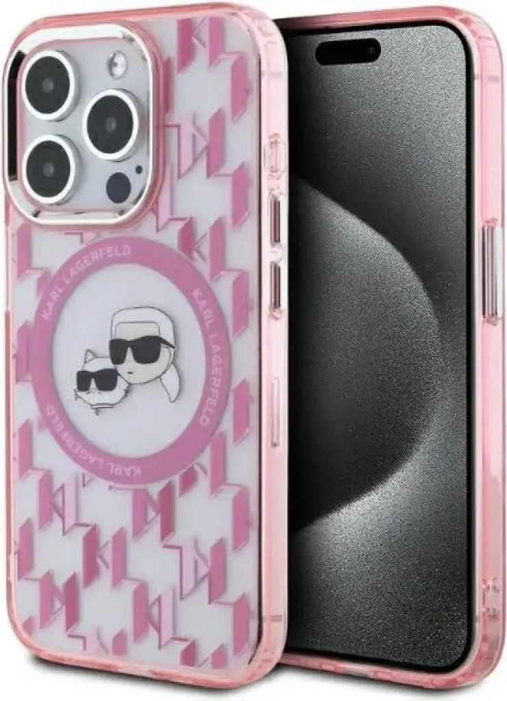MagSafe Hülle für Apple iPhone 15 Pro Max - Karl Lagerfeld IML Monogram Karl & Choupette Head Back Cover - Rosa