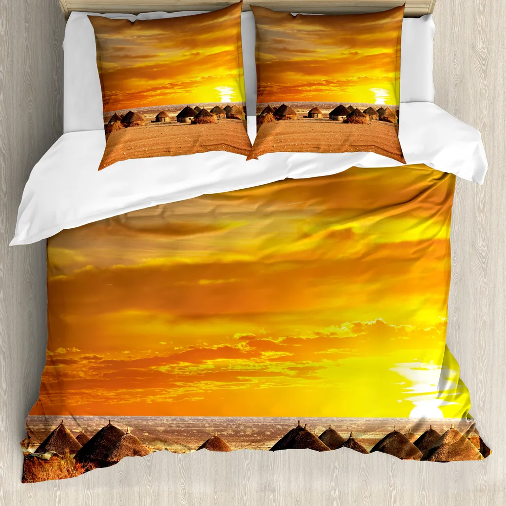 ABAKUHAUS Copripiumino africano, paesaggio, antiacaro, adatto a chi soffre di allergie, con federe, 155 cm x 220 cm - 80 x 80 cm, arancione