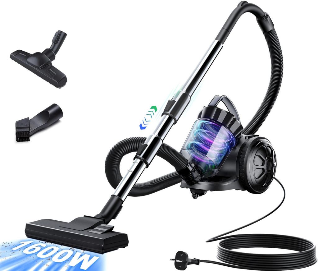 Staubsauger, beutellos, leicht 1600 Watt, leistungsstarker Bodenstaubsauger mit Kabel für Teppiche, Hartböden, Tierhaare 2,5 Liter.