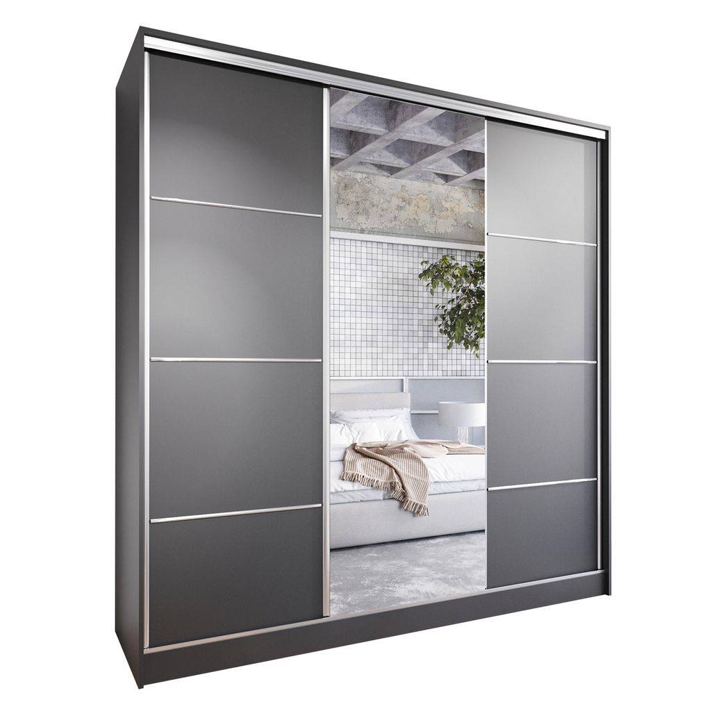 Schiebetürenschrank mit Spiegel und Schubladen ELLI D 200 schwarz Schlafzimmerschrank Garderobenschrank