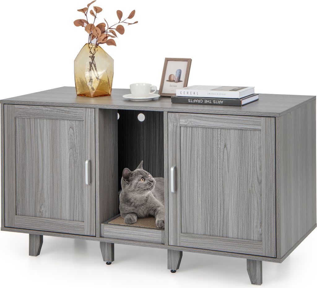 COSTWAY Katzenschrank, Katzenklo mit Eingang, Tür & Kratzbrett, 3-in-1 Katzenhaus für Katzentoilette, Katzenhöhle Katzenmöbel 120x52x65cm