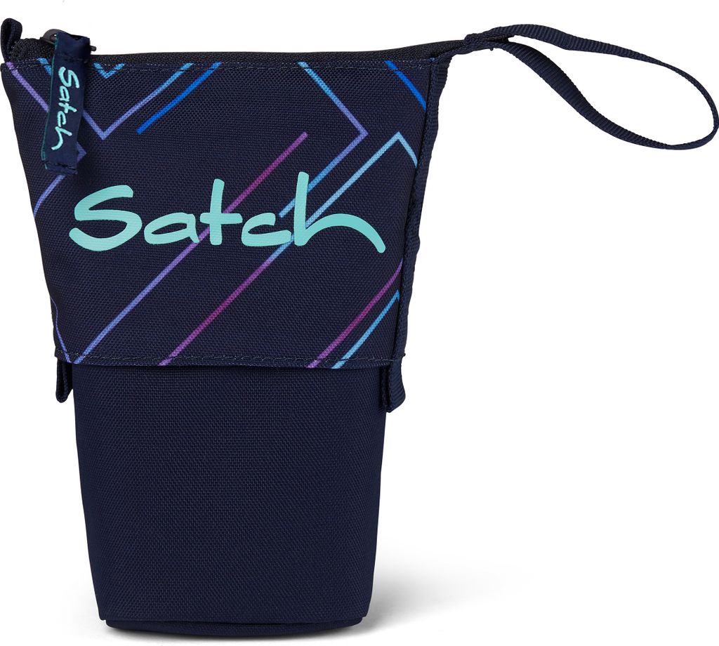 A navy blue pencil case with a geometric pattern and the brand name 'Satch' printed on it.