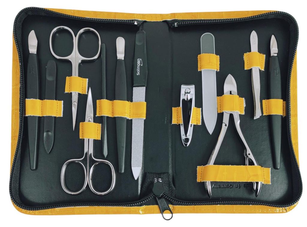 12teiliges Solingen* Maniküre Set mit Leder-Etui Nagelpflege, Gelb, Kroko