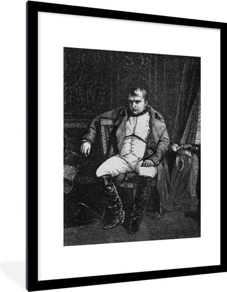 MuchoWow Gerahmtes Poster Schwarz-Weiß-Illustration von Napoleon Bonaparte auf einem Stuhl 60x80 cm - Poster mit Schwarzem Bilderrahmen Wandpost...
