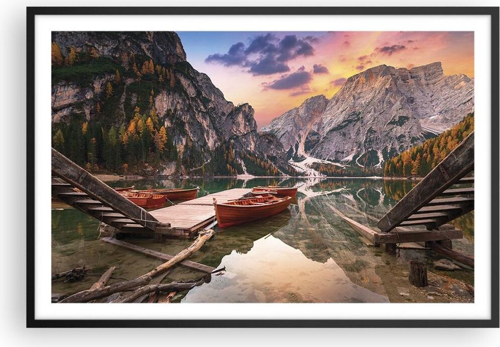 Gerahmtes Poster - Schwarzer Rahmen - Boote Berge See - 91,5x61 cm - Wand Bild - Wanddeko - Wandbilder - Kunstposter - Wandposter - Bilderrahmen - ...