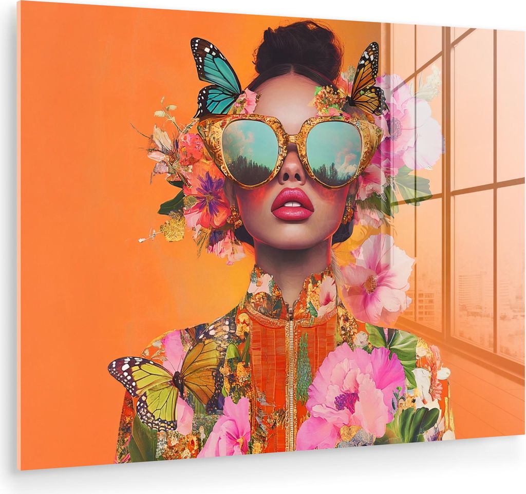 MuchoWow Glasbilder - Bilder auf Wandbild - Foto auf Glas Schmetterlinge - Frau - Sonnenbrille - Bunt 40x30 cm Wanddekoration aus Glas - Acrylglasb...