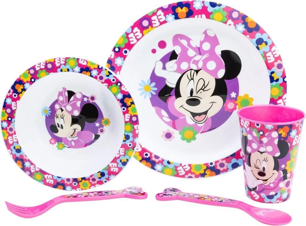 Disney Minnie Mouse Kinder Geschirr-Set 5 teilig Becher Teller Schüssel Besteck