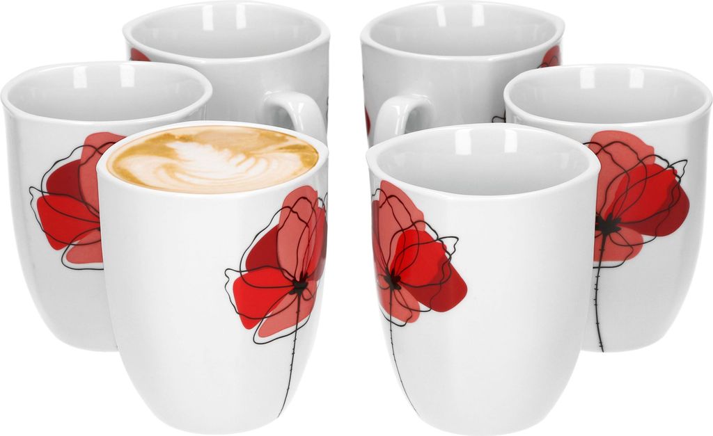 6er Set Kaffeebecher Monika 300-350ml 85x85mm Jumbo-Tasse XL-Kaffee Mohn-Blume Porzellan Gastro