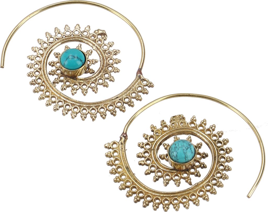 Boho Ohrringe aus Messing, Tribal Spiralohrringe - Gold/Türkis, Glasperlen,Messing, Ohrringe + Ohrstecker Modeschmuck