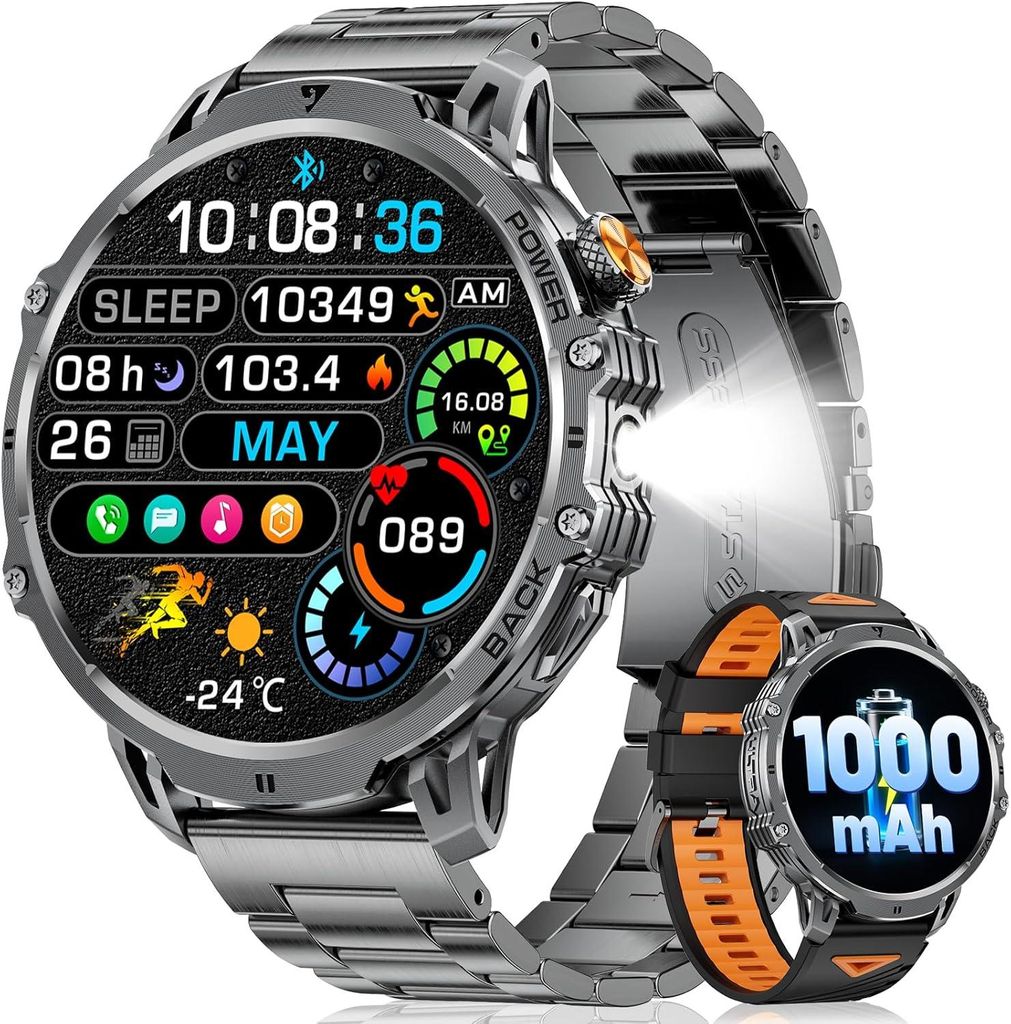 LIGE Military Smartwatch Herren 1.85 Inch HD Display 1000 mAh Akku LED Licht Telefonfunktion 110 Sportmodi iOS Android