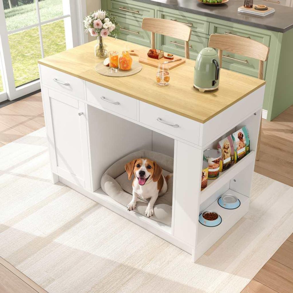 Kücheninsel Schrank mit 3 Schubladen Gewürzablage Haustierbereich Weiß 120x60x90 cm MDF