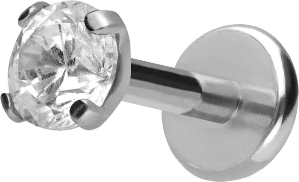 Ohrpiercing, Nasenpiercing Titan Labret mit Push Fit EINGEFASSTER KRISTALL Silber Stablänge: 7mm | Stabstärke: 1mm | Kristallgröße: 3mm