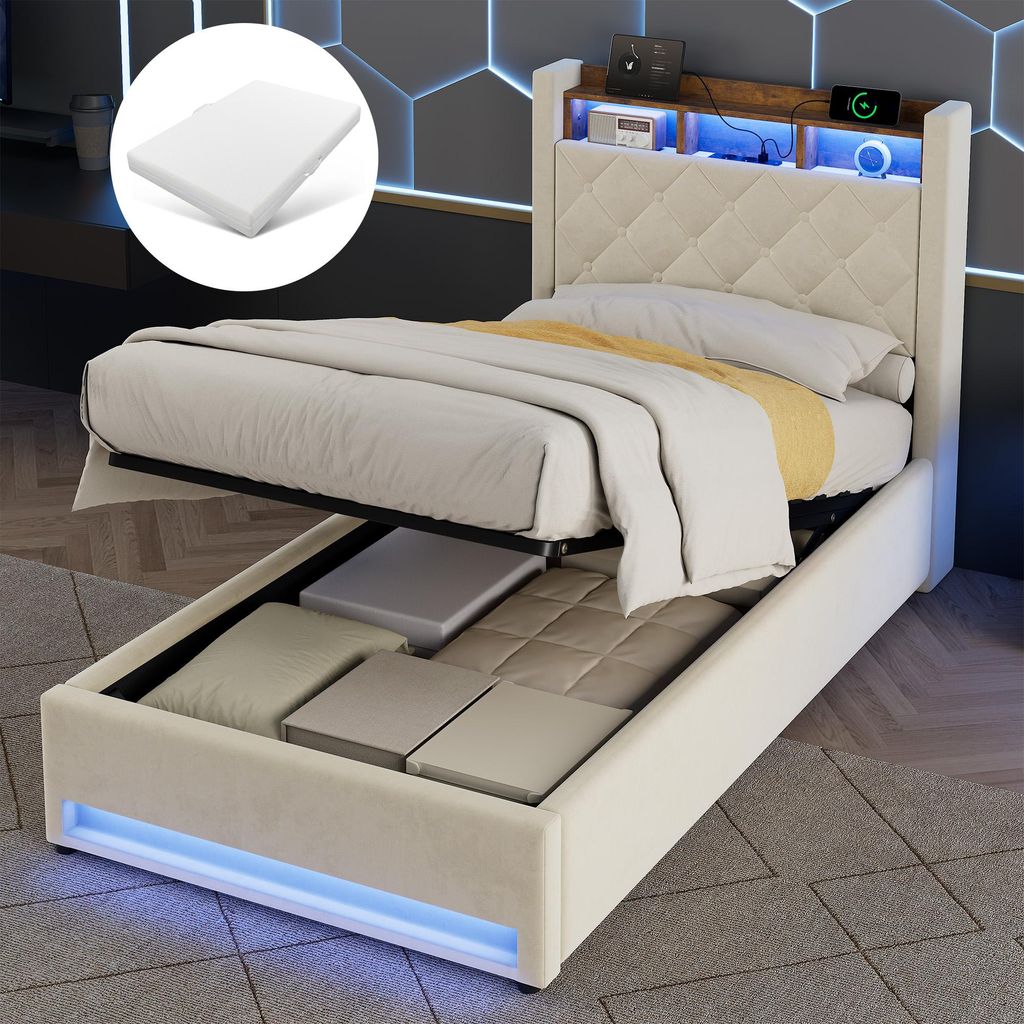 STILVORA Polsterbett 90×200 mit Matratze USB Steckdose und LED Bleuchtung Jugendbett Bettgestell im modernen Design mit Stauraum Kopfteil ohne Mat...