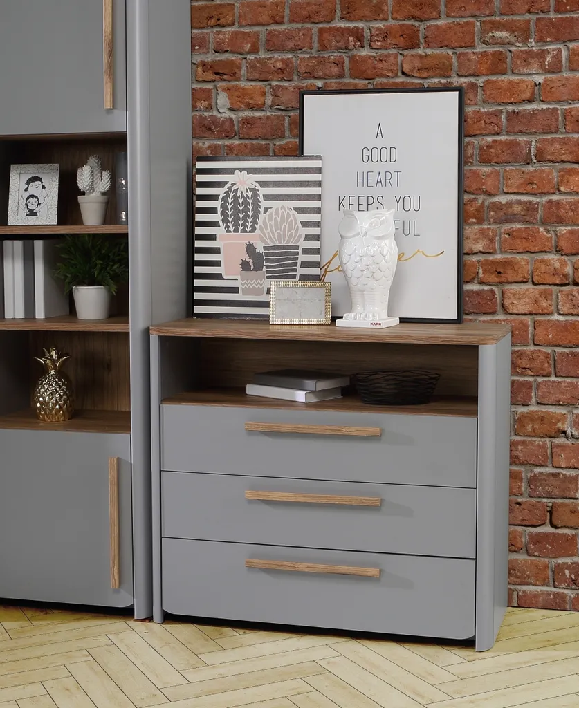 Commode design SURFINIO bicolore Gris/Chêne Catania 99 cm avec tiroirs