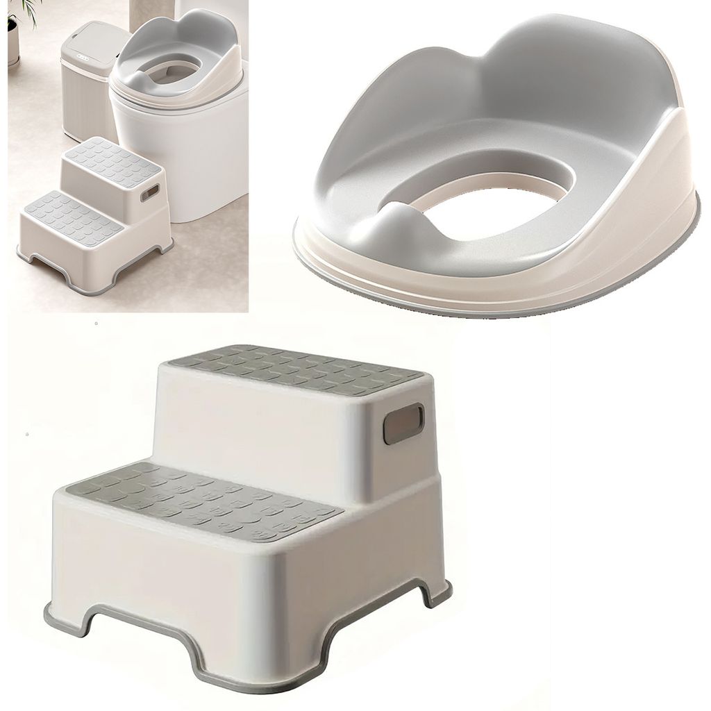 Kinder WC-Sitz in Grau mit Fußbank – bequemer, sicherer Töpfchensitz mit Spritzschutz, weich gepolstert, ideal für Kleinkinder, kein Aufbau n...