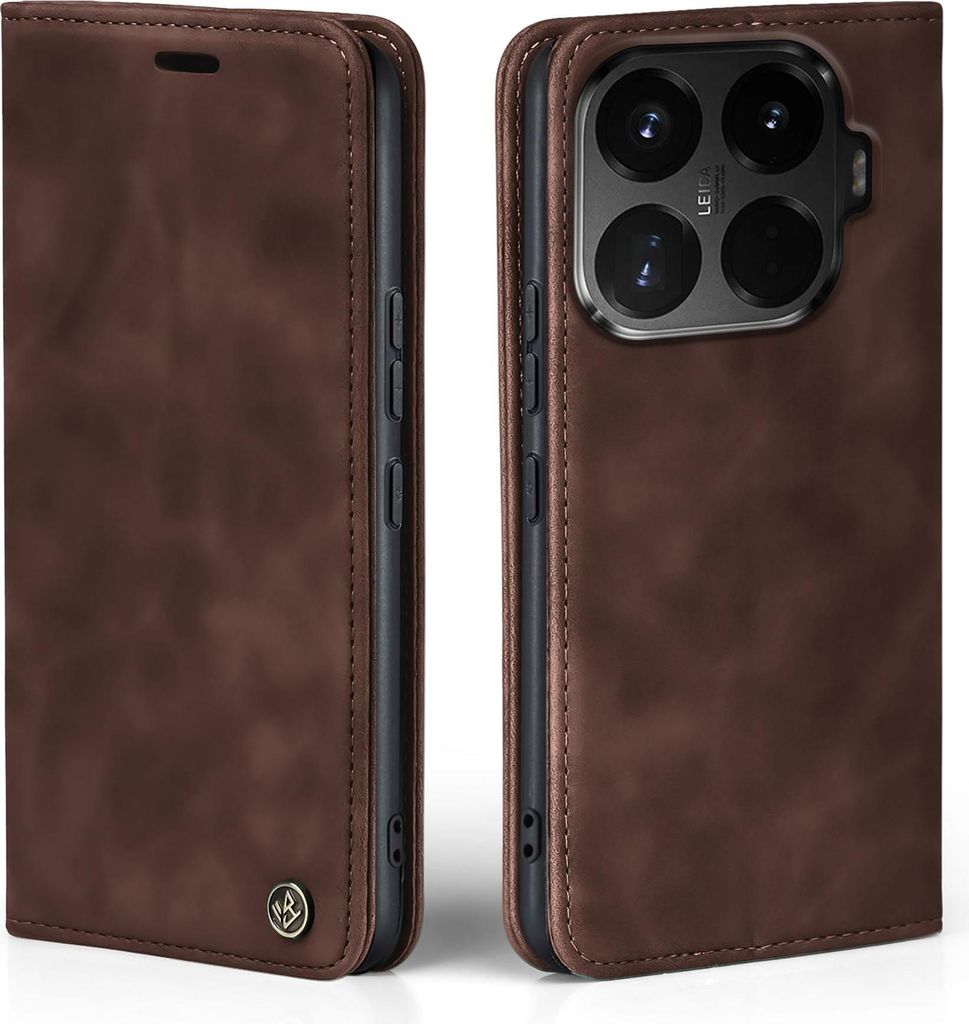A brown leather flip case for a smartphone is shown from two angles, one closed and one open to reveal the phone's camera.