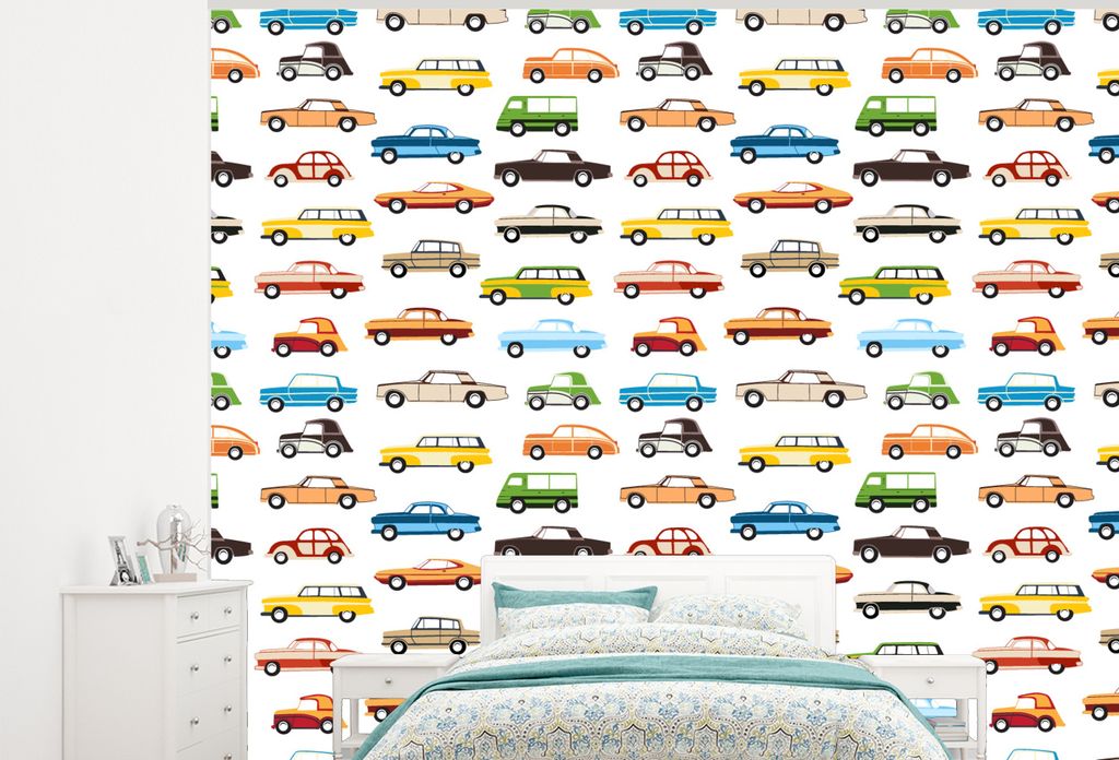 MuchoWow Fototapete für Wohnzimmer oder Schlafzimmer Wandtapete Vinyl Motivtapete Muster - Auto - Retro - Jungen - Kinder - Kind - 300x240 cm - ...