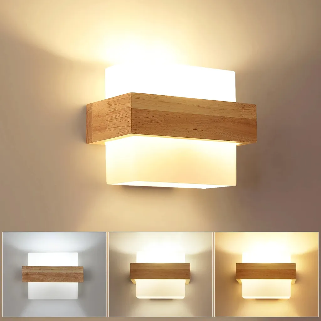 Applique en bois avec abat-jour verre - Éclairage 3 couleurs 220V